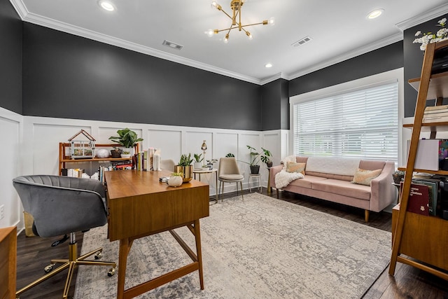 3420 Caroline Farms Dr, Murfreesboro, TN 37129 - office area featuring a decorative wall, a chandelier, crown molding, wood finished floors, and wainscoting
