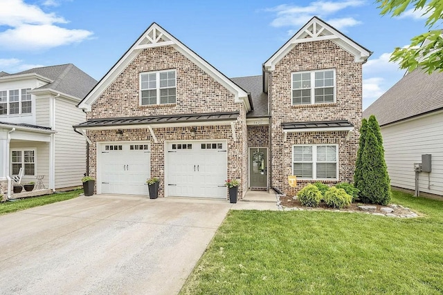 3420 Caroline Farms Dr, Murfreesboro, TN 37129 - view of front facade featuring brick siding, concrete driveway, a front yard, a standing seam roof, and a garage