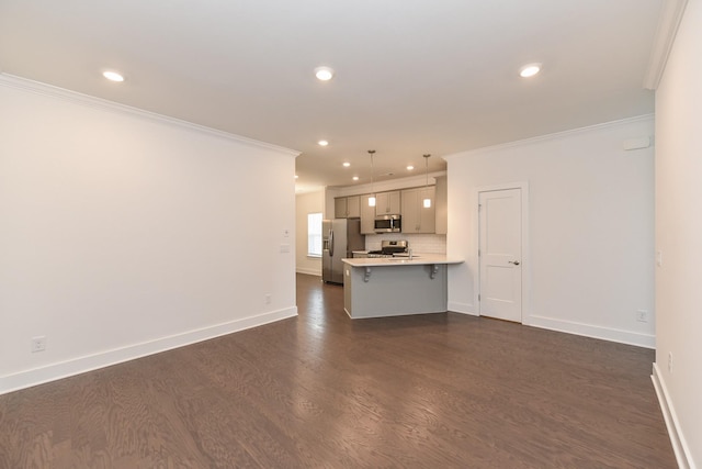 unfurnished living room featuring crown molding, baseboards, recessed lighting, and dark wood finished floors