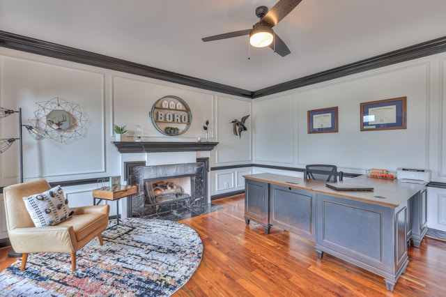 107 Churchill Farms Dr, Murfreesboro, TN 37127 - office space with crown molding, a ceiling fan, a high end fireplace, and a decorative wall