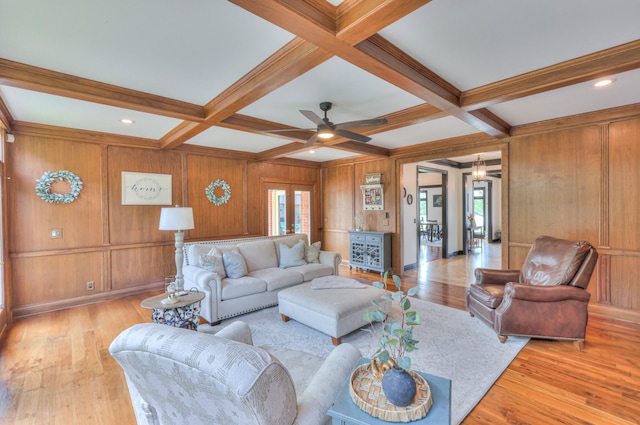 107 Churchill Farms Dr, Murfreesboro, TN 37127 - living room featuring a ceiling fan, beam ceiling, wood finished floors, wooden walls, and coffered ceiling