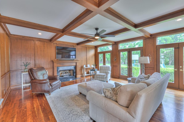 107 Churchill Farms Dr, Murfreesboro, TN 37127 - living area featuring ceiling fan, french doors, beamed ceiling, coffered ceiling, and a premium fireplace