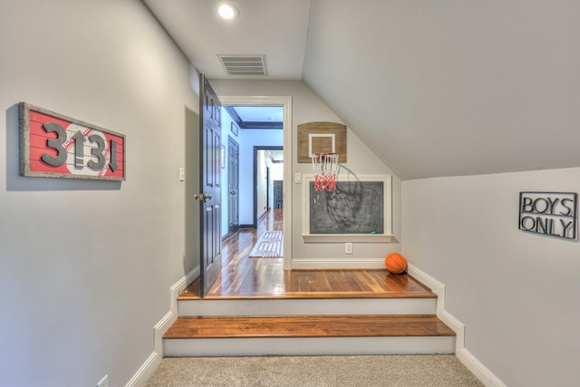 107 Churchill Farms Dr, Murfreesboro, TN 37127 - stairway featuring carpet floors, baseboards, visible vents, and vaulted ceiling