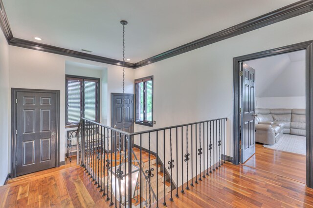 107 Churchill Farms Dr, Murfreesboro, TN 37127 - corridor with crown molding, hardwood / wood-style floors, baseboards, recessed lighting, and an upstairs landing