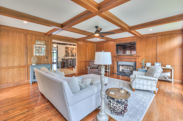 107 Churchill Farms Dr, Murfreesboro, TN 37127 - living room with light wood-type flooring, a ceiling fan, coffered ceiling, and a fireplace