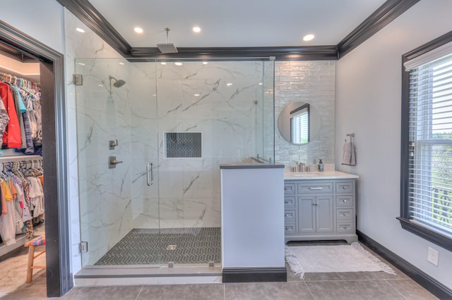 107 Churchill Farms Dr, Murfreesboro, TN 37127 - bathroom featuring vanity, ornamental molding, a marble finish shower, and a spacious closet