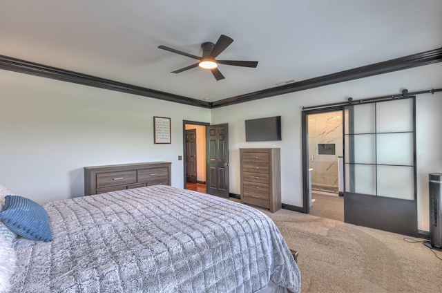107 Churchill Farms Dr, Murfreesboro, TN 37127 - carpeted bedroom featuring a ceiling fan, visible vents, crown molding, a barn door, and ensuite bath
