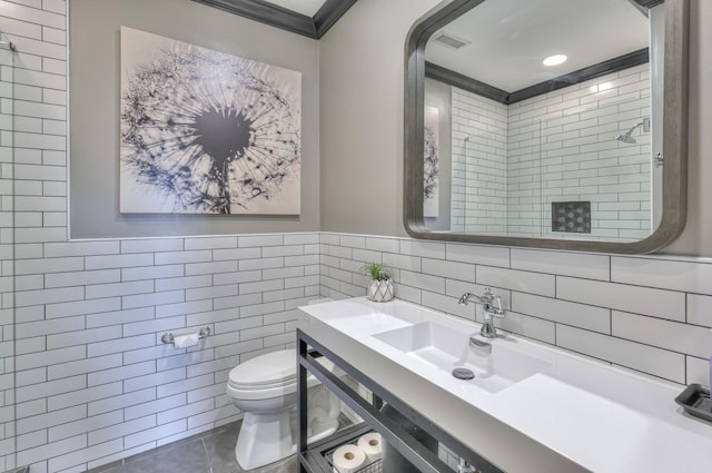 107 Churchill Farms Dr, Murfreesboro, TN 37127 - bathroom featuring crown molding, vanity, toilet, tile walls, and tile patterned floors