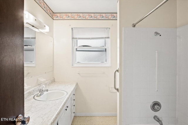 716 Lakewood Dr, Jefferson City, TN 37760 - bathroom with shower / bathtub combination, an AC wall unit, baseboards, and vanity