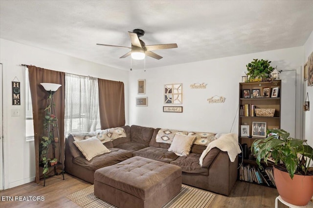 living room with ceiling fan and wood finished floors