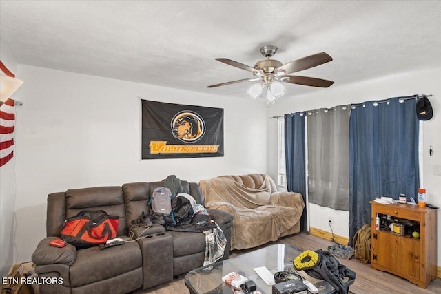 living room featuring ceiling fan and wood finished floors