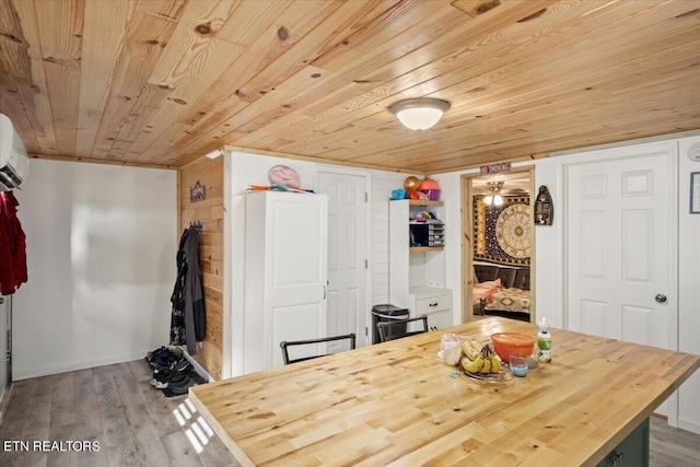 dining area featuring wood ceiling and wood finished floors