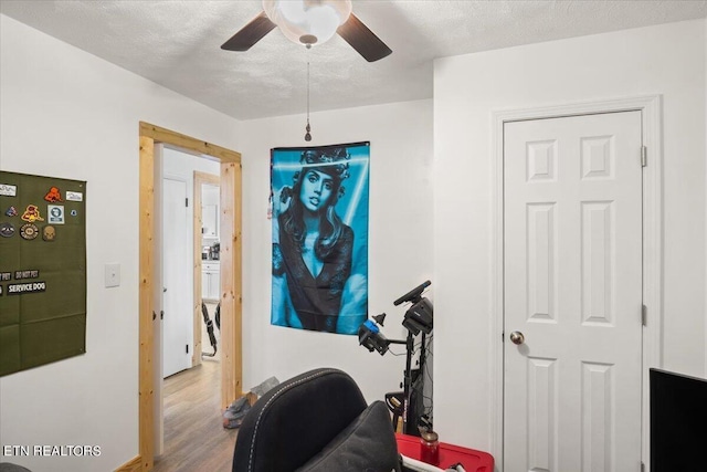 workout room featuring a textured ceiling, a ceiling fan, and wood finished floors