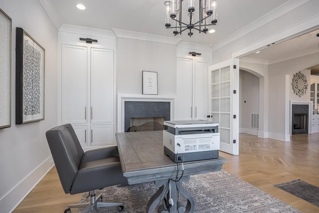 office space featuring visible vents, crown molding, arched walkways, a fireplace, and baseboards
