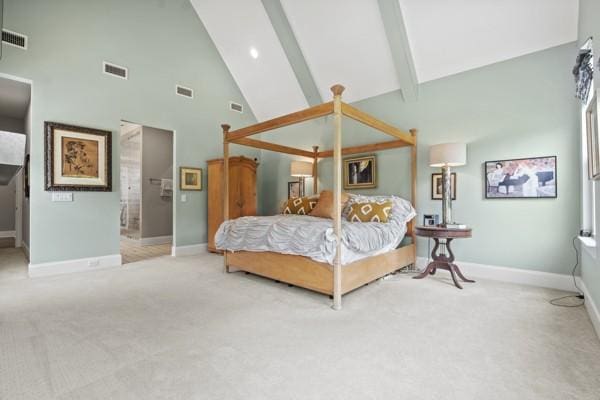 carpeted bedroom with high vaulted ceiling, visible vents, and beam ceiling