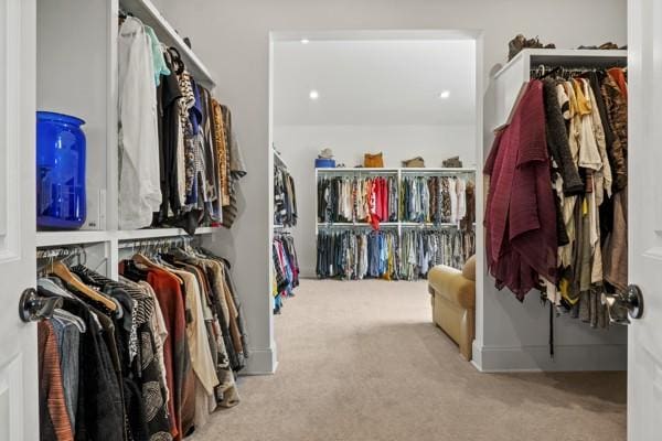 walk in closet featuring carpet flooring