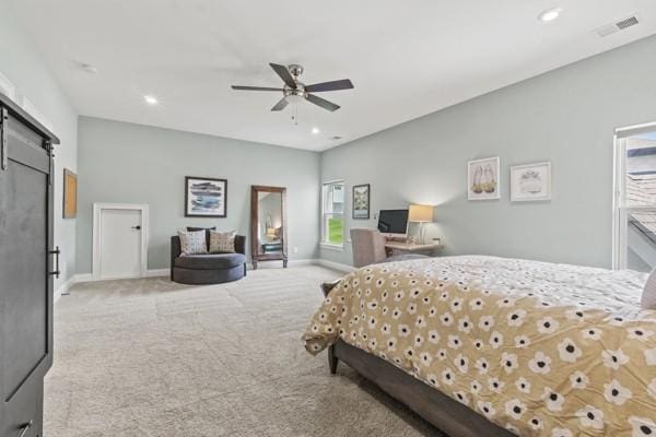 6209 Tall Timbers Rd, Franklin, TN 37067 - carpeted bedroom with visible vents, a barn door, baseboards, and recessed lighting