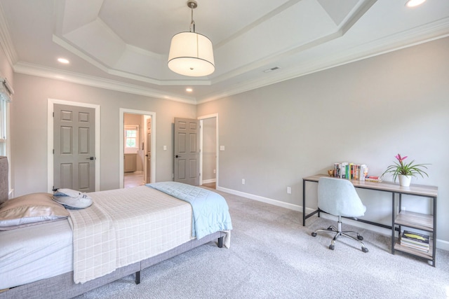 bedroom with a raised ceiling, carpet floors, recessed lighting, baseboards, and ornamental molding