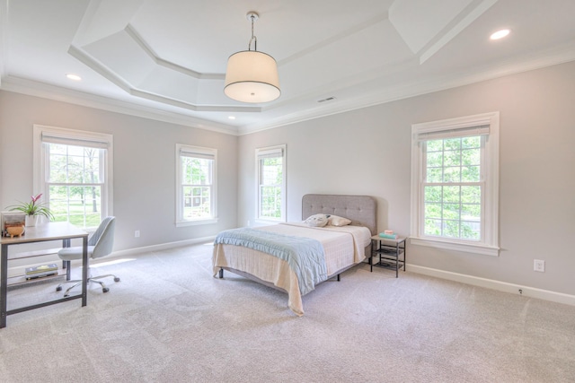 bedroom with ornamental molding, carpet, and multiple windows