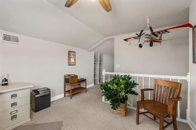 8542 Sawyer Brown Rd, Nashville, TN 37221 - living area featuring ceiling fan, light carpet, baseboards, vaulted ceiling, and visible vents