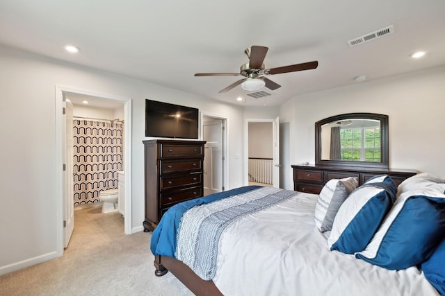 bedroom with visible vents, recessed lighting, baseboards, and light colored carpet