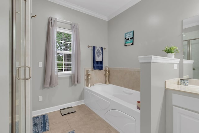 13 Hosier Ct, Lebanon, TN 37087 - full bath featuring ornamental molding, vanity, tile patterned flooring, a garden tub, and a shower stall