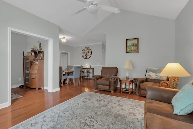 13 Hosier Ct, Lebanon, TN 37087 - living room with wood finished floors, a ceiling fan, baseboards, beam ceiling, and high vaulted ceiling