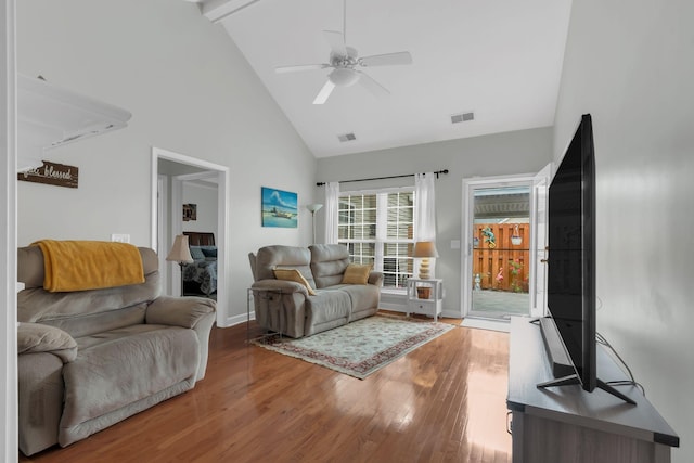 13 Hosier Ct, Lebanon, TN 37087 - living room featuring high vaulted ceiling, wood finished floors, a ceiling fan, baseboards, and beamed ceiling