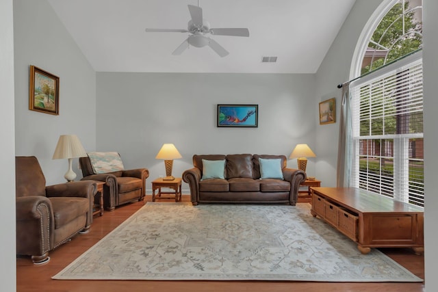 13 Hosier Ct, Lebanon, TN 37087 - living room featuring vaulted ceiling, plenty of natural light, wood finished floors, and ceiling fan