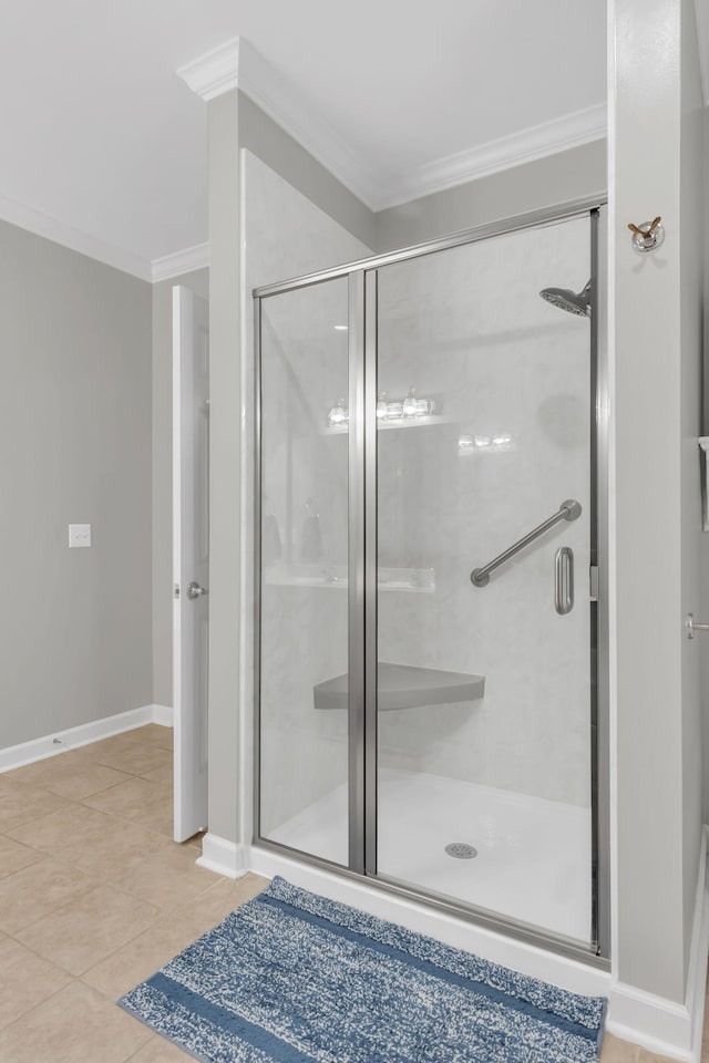 13 Hosier Ct, Lebanon, TN 37087 - bathroom featuring ornamental molding, a stall shower, tile patterned floors, and baseboards
