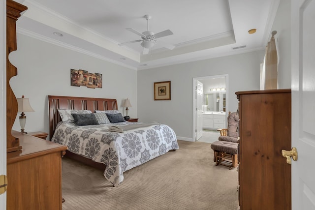 13 Hosier Ct, Lebanon, TN 37087 - bedroom with light colored carpet, crown molding, a tray ceiling, baseboards, and ceiling fan