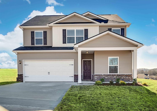 view of front of home featuring concrete driveway, an attached garage, covered porch, and a front lawn
