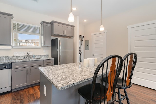7025 Magnolia Crossings, Spring Hill, TN 37174 - kitchen featuring freestanding refrigerator, gray cabinetry, dishwasher, electric panel, and dark wood-style floors