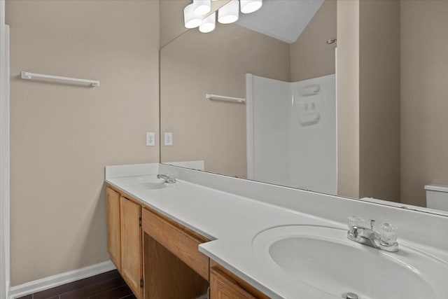 7203 Rosemary Ct, Fairview, TN 37062 - full bathroom with double vanity, a sink, lofted ceiling, and a shower