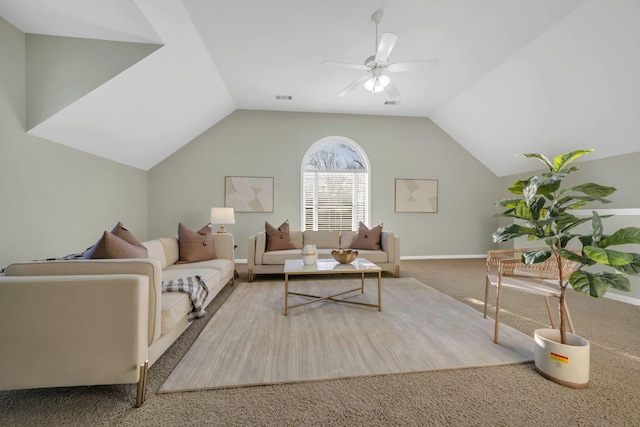 carpeted living area with baseboards, visible vents, a ceiling fan, and lofted ceiling