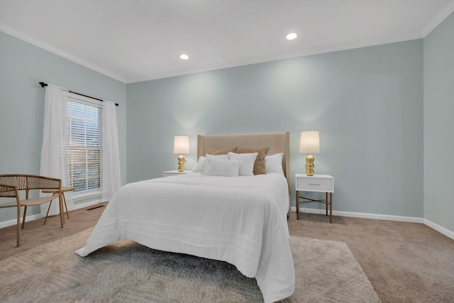bedroom featuring crown molding, carpet flooring, baseboards, and recessed lighting