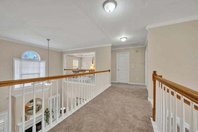 corridor featuring baseboards, attic access, carpet flooring, and ornamental molding