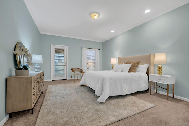 carpeted bedroom featuring recessed lighting, baseboards, and ornamental molding