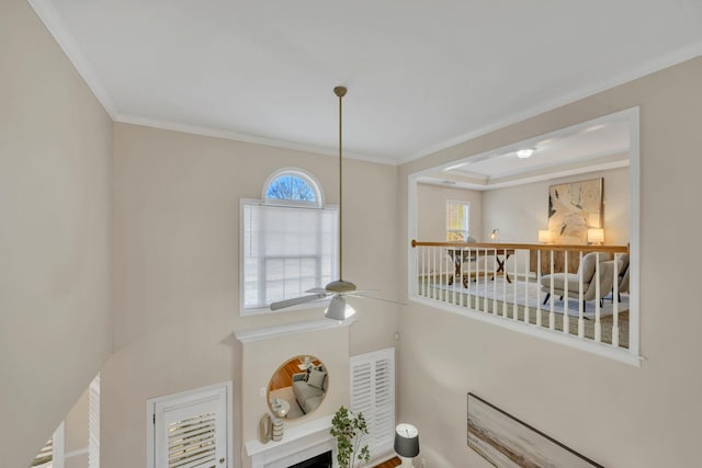 interior details with ornamental molding and a ceiling fan