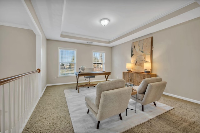 carpeted office space with crown molding, a raised ceiling, and baseboards