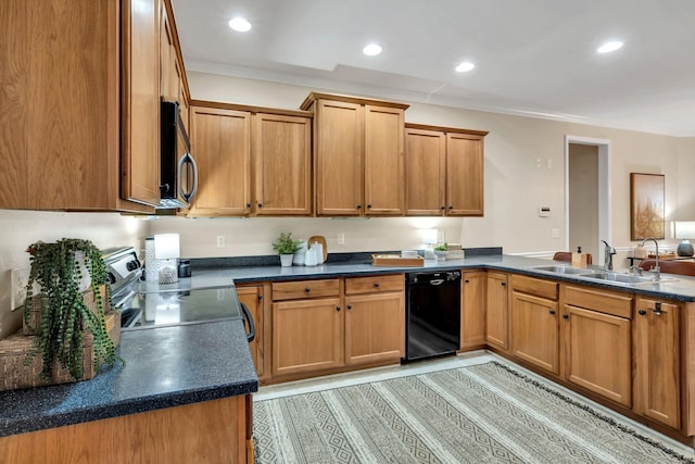 kitchen with crown molding, electric range, black dishwasher, brown cabinets, and a sink