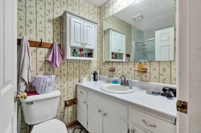 286 Pine Grove Rd, South Pittsburg, TN 37380 - bathroom featuring toilet, wallpapered walls, a shower stall, and vanity