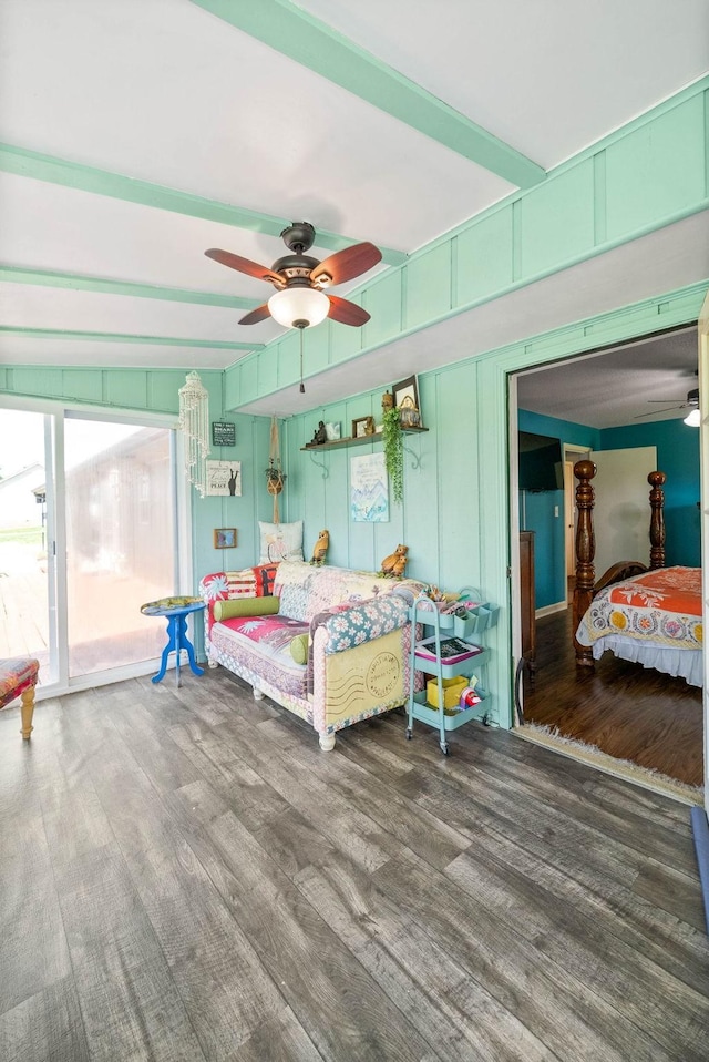 bedroom with a ceiling fan and wood finished floors