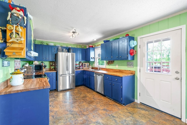 kitchen with butcher block countertops, a sink, appliances with stainless steel finishes, and blue cabinetry