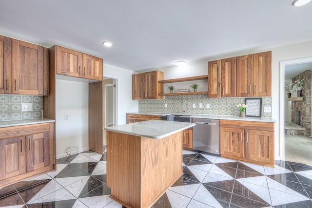 411 Willow Lake Dr, Portland, TN 37148 - kitchen with open shelves, dishwasher, brown cabinetry, light tile patterned floors, and backsplash