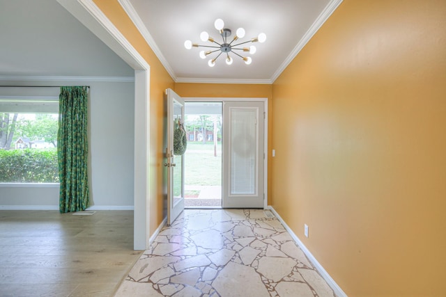 411 Willow Lake Dr, Portland, TN 37148 - foyer entrance with an inviting chandelier, ornamental molding, baseboards, and stone finish flooring