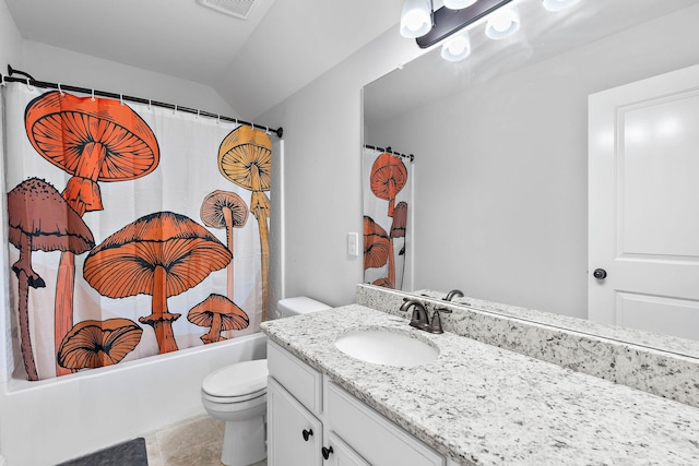 full bath featuring visible vents, vanity, tile patterned floors, toilet, and shower / bathtub combination with curtain
