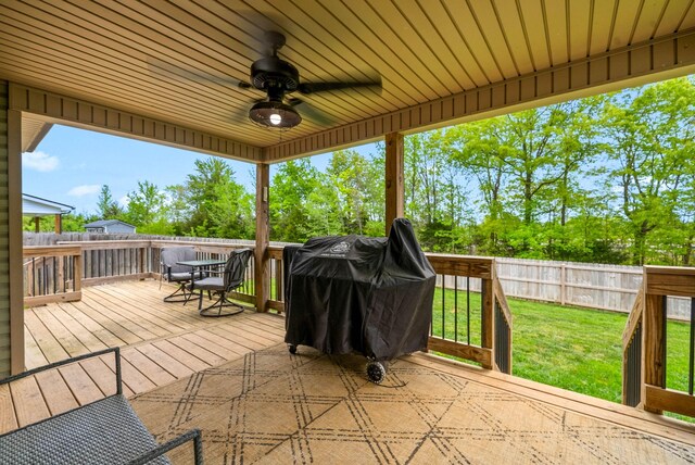 757 Tidwell Dr, Clarksville, TN 37042 - wooden terrace with a ceiling fan, a fenced backyard, and a yard