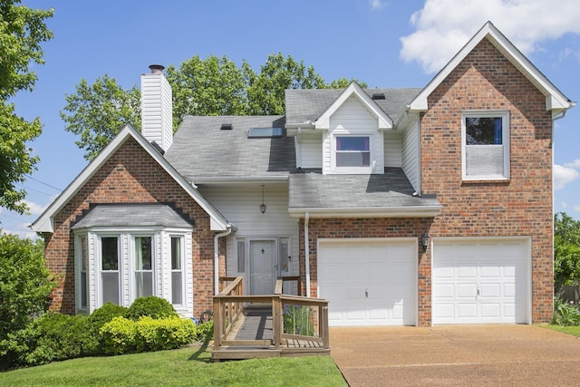 traditional home with brick siding, concrete driveway, a chimney, an attached garage, and a shingled roof