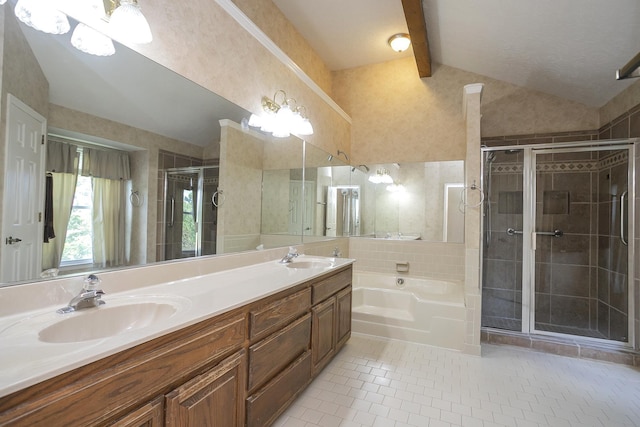 full bathroom with tile patterned flooring, a stall shower, a garden tub, and double vanity